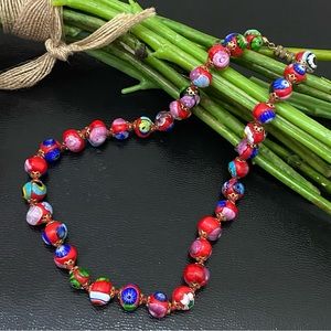 Vintage Red Multi Millefiori Venetian Murano Glass Beads Knotted 16” Necklace